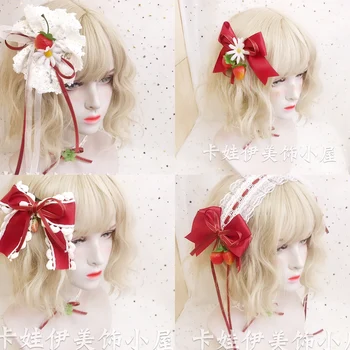 Japonês estilo Sweet Lolita VERMELHO Xadrez Faixa de Cabelo KC Laço de Morango Presilhas e Acessórios para o Cabelo da Lua Estrelas Clip de Lado as Faixas de Cabelo  10