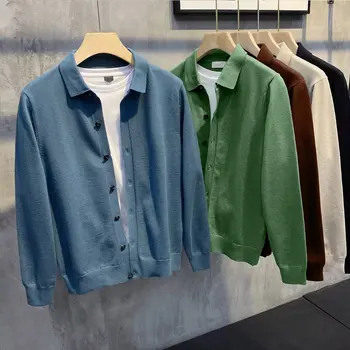 Outono Homens Suéter coreano Versão Slim Lapela Azul Assentamento Camisa Casual Composto Sólido de Cor de Malha Camisa de Homens  5
