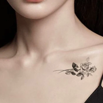 Preto Rosa Peônia Flor Impermeável Temporária Adesivo Tatuagem Fake Tattoos o Flash Tatoos Mão no Peito Arte no Corpo, para as Mulheres, Menina  4