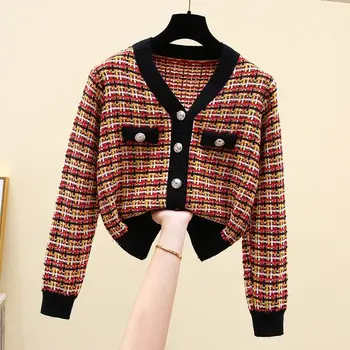 botão Blusas casaquinho de mulheres cima v-pescoço casual outono inverno de manga longa xadrez roupas coreano estilo de malha, casacos, tops femme  5