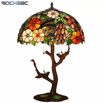BOCHSBC Tiffany Estilo Lâmpada da Tabela do Jardim Vinha de Orquídea, Flor, Pássaro, Árvore de Luz da Mesa de Vidro Manchado Cama de Iluminação Mosaico de Luzes  1