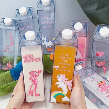 Bonito Moda Garrafas de Água, Leite Forma de Caixa de Plástico Transparente Cartoon cor-de-Rosa de Impressão Beber Suco de Garrafa de Café, Copos de Cerveja 1pc  5