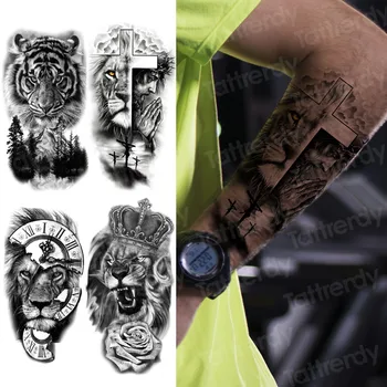 Temporário cruz tatuagem braçadeira de manga oração homens lion king animal tatuagem sexy para o menino mulheres tatoo adesivo preto 3D arte do corpo falso  1