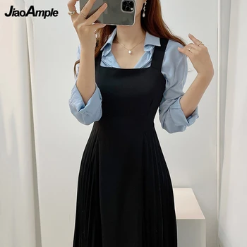 Mulher Cai De 2 Peças do Conjunto de Vestido coreano Office Lady Temperamento Longa Camisa+Ruched Suspender Vestidos com Roupas de Outono Roupas 2021  5