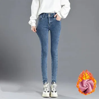 Inverno Quente Trecho Skinny Jeans Feminino Lápis Calças Para Mulheres Plus Size Calças Ocasionais Das Senhoras De Calças De Cintura Alta Em Veludo Grosso Jeans  10