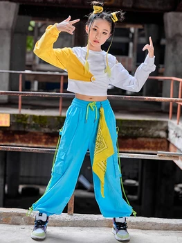 Outono Roupas de Meninas de Moda Umbigo Tops Azul Hip-Hop Calças de Manga comprida de Dança Jazz Traje de Dança Moderna, Prática Kidswear BL9451  5