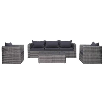 6 Peça Pátio Conjunto de sofás com Almofadas e Travesseiros de Rattan Poli Cinza Mesa ao ar livre e Conjuntos de Cadeira de Conjuntos de Mobiliário de Exterior  5