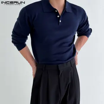 INCERUN Homens Camisa Casual Estilo coreano de Cor Sólida Lapela de Manga Longa de Malha dos Homens de Moda de Roupas de 2022 Streetwear Lazer Camisas  5