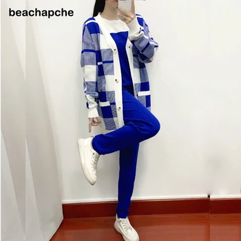 Beachapche Mulheres Manta de Malha de 3pcs Conjuntos de Fatos de treino Curto Sleeeve Camisola+ Cardigans+ o Terno de Roupas  4