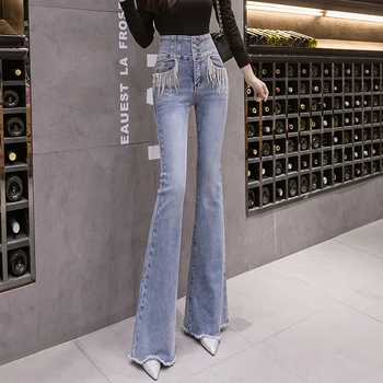 2021 de Inverno, mulher de Jeans Cadeias de Rebarbas Além de veludo bell-fundo calças para Mulheres de Cintura Alta Moda Longo Flare Jeans plus size  10