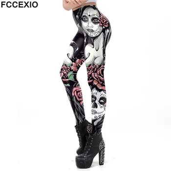 FCCEXIO Whosale 3D México Crânio Leggings Mulheres de Treino de Fitness Legging Colorida Crânio de Impressão Leggins Treino Legging  10