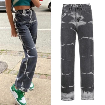 Mulheres De Cintura Alta Perna Reta Jeans Vintage Contraste De Cor Tie-Dye Impresso, Denim, Calças De Harajuku Hip Hop Folgado Ajuste Solto Calças  10