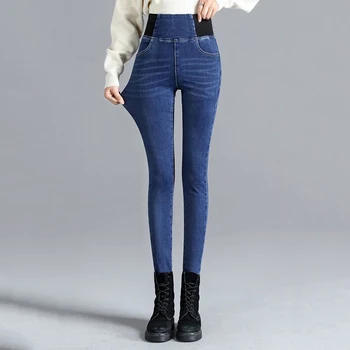 Mulheres de Grande porte Casual Jeans Lápis Calças 2021 Trecho Vintage Cintura Alta Jeans Skinny de Cintura Elástica de Streetwear Calças Pop  5