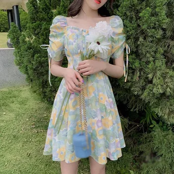Mulheres com estampa Floral do Vestido de Verão coreano forma do Estilo Doce Bonito Laço Temperamento Cintura Alta Quadrado Gola do Vestido  5
