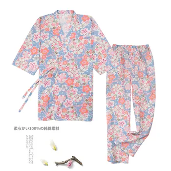 Tradição Japonesa Estilo Sakura Impressão Calças De Pijama De Conjunto De Mulher Manga Curta Solta Quimono Yukata Roupão De Banho De Algodão Verão Sono Desgaste  5