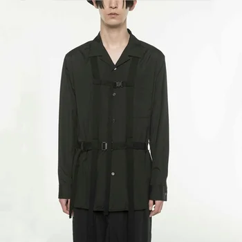 Nova Moda de moda masculina de homens de personalidade de longa camisa de manga longa camisa de belo fita decorativa casaco  10