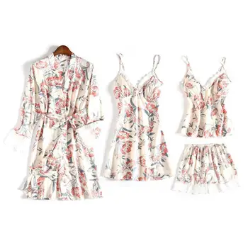 V-pescoço Impressão Camisola de Alça Nighty 4PCS Shorts Manto Conjuntos de Femme Pijama Conjuntos de Pijamas de Verão Ternos Íntimo Laço de Pijamas Homewear  5