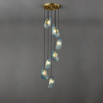LED Pós-moderna de Cobre Beleza Azul Lâmpadas Penduradas Lustre luminária Pendente de Suspensão da Luminária Lampen Para Escada  5