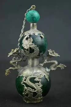 Chinês, Tibetano prata Dragão e Phoenix verde Jade snuff bottle  10