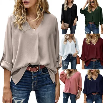 Moda das Mulheres de Chiffon Blusa Camisa Casual manga Longa com decote em V da Camisa Mulheres a Primavera e o Outono Blusas Mulheres  5