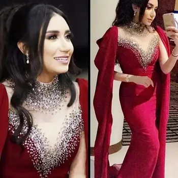 Arábia Árabe, Com Gola Alta, Vestidos De Baile, Líbano Frisados De Cristal Sexy Vermelho Escuro Sereia De Longos Vestidos Formais Vestidos De Noite  5