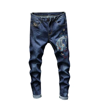 Bom Pop Homens Calças Jeans Slim Fit Estilo Chinês Koi Bordado De Moda Streetwear Masculina De Alta Qualidade Calças Jeans Calças  5