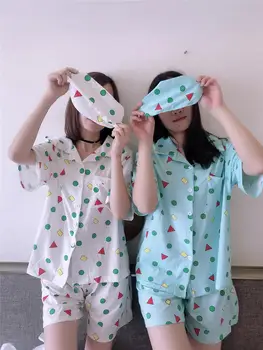 Pijama Conjunto De Verão Harajuku Impresso Kawaii Cartoon Pijamas De Algodão De Manga Curta Verão Pijamas 3 Cores  5