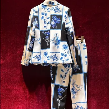 Vintage elegante de Impressão Blazer Mulheres Conjunto de Outono Senhoras Único Botão do Terno Jaquetas de Cintura Alta, Calças de Duas Peças de Conjunto de S-XL  5