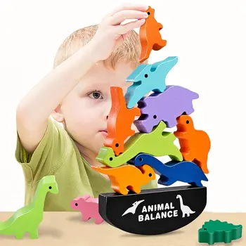 Crianças De Madeira Animal Balanço De Blocos, Jogos De Tabuleiro Brinquedo Dinossauro Educacional De Empilhamento De Alta Bloco De Construção De Madeira Toy Boys  0