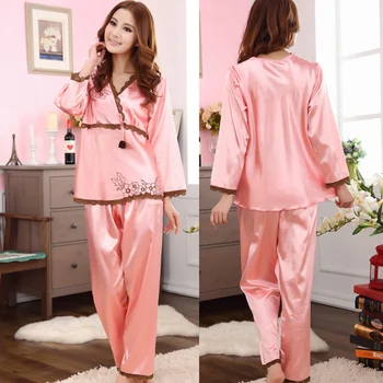 Mulheres De Seda Do Pijama Conjunto Nova Marca Primavera, Outono Moda Laço Embroideried Camisola Senhoras Elegantes Pijamas Vermelho,Bege, Branco,Rosa  5
