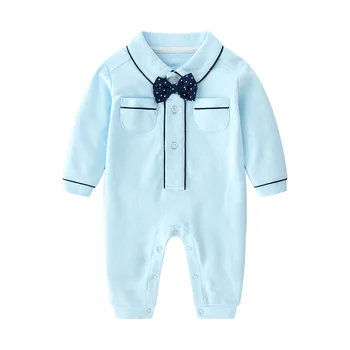Novo recém-nascidos roupas de bebê azul claro cavalheiro de manga comprida macacão de bebê menino macacão  3