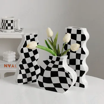 Criatividade Xadrez Vaso De Cerâmica Europeia Moderna Área De Trabalho Do Office Vasos De Flores, Sala De Estar Caixa De Tecido Nórdicos Decoração Home  10