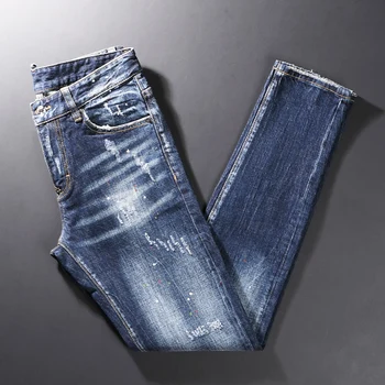 Streetwear Dos Homens De Moda Jeans Retro Azul Elástico Fino Ripped Jeans Homens Calças De Marca Designer Pintado De Hip Hop De Jeans, Calças De Homem  5