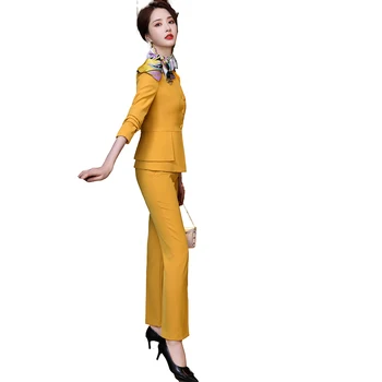 2021 Nova Amarelo Preto das Mulheres com o Terno de 2 Peças Conjunto Formal de Senhoras Elegantes OL Blazer Feminino Casaco + Calça Tamanho Plus S-4XL  10