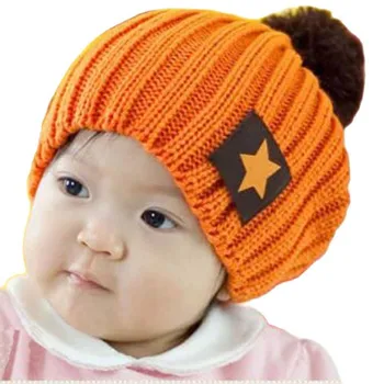 XEONGKVI coreano Pentagrama Tampa de Malha de Outono Inverno Quente Chapéus Para o Menino Menina Pompom Bebê Skullies Beanies  5