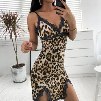 Sexy Hot Mulheres Leopard Impresso Lace Vestido De Noite Lingerie V Neck Vestido De Noite De Verão Pijamas De Alcinhas Nighty Sono Desgaste  2