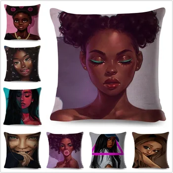 Colorido dos desenhos animados África Menina Bonita de Rosto Travesseiro Decoração Mulher Negra Capa de Almofada de Sofá de Casa de Carro Fronha de almofada 45x45cm  5