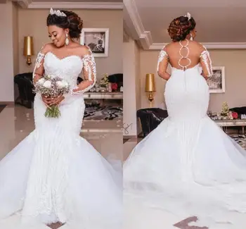 2021 Luxo Sereia Vestidos De Noiva Pura Ilusão De Pescoço Apliques De Renda Esferas De Mangas Compridas Oco De Volta Africana Vestidos De Noiva  4