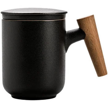 Criativo retro punho de madeira de cerâmica xícara de chá com filtro com tampa para escritório  4