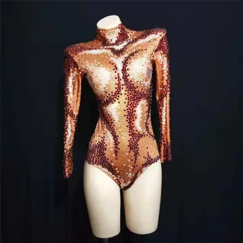 W67 Feminino impressão 3d body de manga longa com strass siamese cristal roupas desgaste do partido trecho macacão de pole dance vestido de mostrar  4