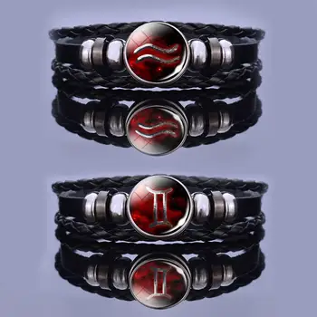 12 Constelações do Zodíaco Sinal Bracelete Tecido de Vidro Cabochão de Jóia de Couro com Perla o Bracelete Pulseiras para Homens Moda Presentes  1