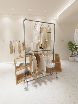 Loja de roupas prateleira de exposição, de aço inoxidável dupla camada pólo de roupas, a loja de roupas femininas tipo de pavimento, prata roupas prateleira  5