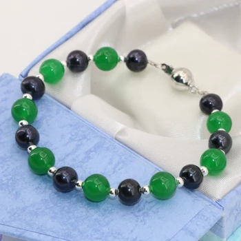 Original de design de moda de nova 7-8mm preto pérola 8mm verde jades contas redondas elegante bracelers mulheres encantos jóias 7,5 polegadas B2752  5