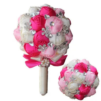 Artificiais-de-rosa e creme de Bouquets de Casamento Flor feita à Mão de pedra de Strass de Dama de honra de Cristal de Noiva, Buquê de Casamento de mariage  5