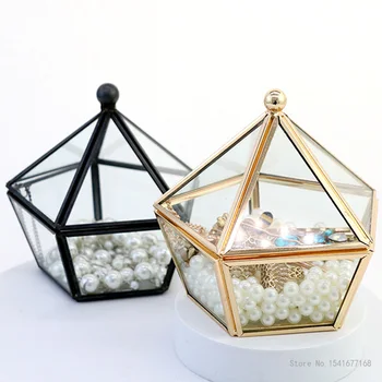 Criativa forma de diamante de armazenamento de caixa de Phnom Penh geométrica de vidro flor sala de cosméticos caixa de jóias de vidro + bronze artesanato enfeites  5