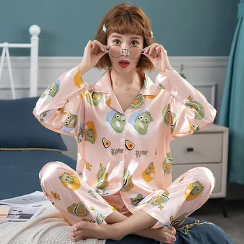 Mulheres Pijama de mangas compridas Gelo Pijama de Seda Mulheres Primavera/Outono Desgaste Exterior Imitação de Seda, Casa de Desgaste Senhoras Solta Pijama Terno  5