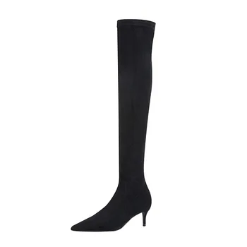 Sapatos Para 2021 Mulheres de Outono Inverno de Camurça Preto Elastic Sobre-joelho Botas de salto alto Super Saltos de sapatos de Senhora Tamanho Plus 41  10