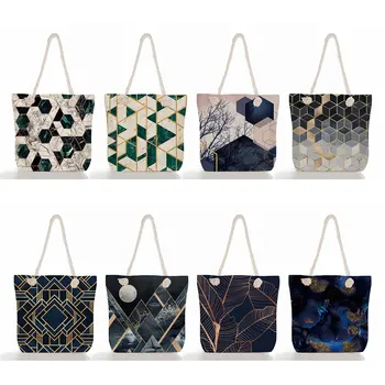 Geometria De Impressão Mulheres Senhora De Moda De Roupa De Bolsas De Alta Capacidade Bonito De Compras Dobrável Sacolas Reutilizáveis Shopper Bags Lindas  10