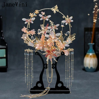 JaneVini de Luxo Buquê de Noiva Tipo do Fã feitos à mão Flores em 3D Oco de Ouro Draggonfly Borla Casamento Chinês Meteal Fã de Acessórios  4