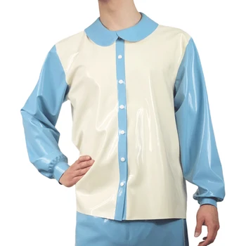 Lago Azul E Branco Sexy Látex Pijama de Mangas compridas virada para Baixo de Gola de Borracha Camisas, Blusas Top Roupas YF-0362  1